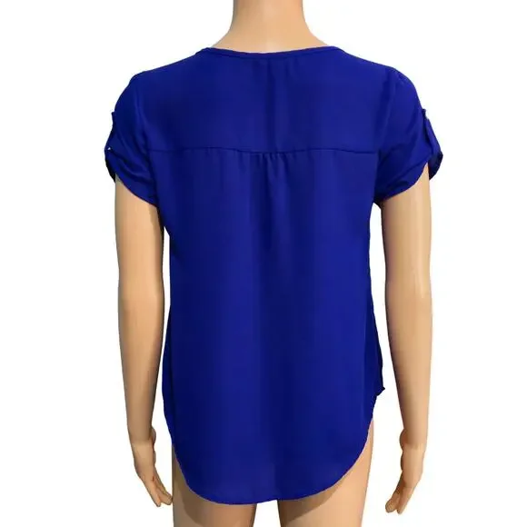 MINE Blue Roll Tab Blouse Small - Picture 4 of 6